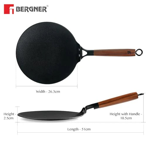 BERGNER Odin 26 cm Cast Iron Roti Tawa - Wooden Handle, Enamel Finish, Induction & Gas Compatible