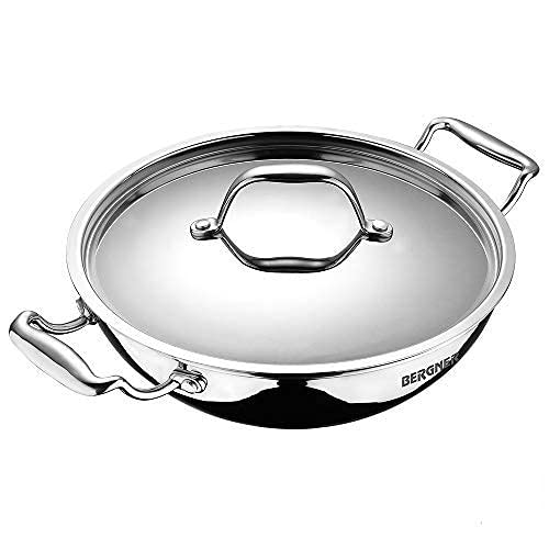 BERGNER Argent TriPly Stainless Steel Deep Kadai with Stainless Steel Lid, Deep Kadhai, Food Safe, Stay Cool Cast Handles, Less Oil Use, Dishwasher Safe, Induction Bottom and Gas Ready