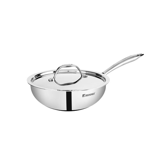 Bergner Argent Triply WOK Stainless Steel Lid, for Stir-Fry/Sauté/Noodles/Heat Resistant Handle, Multi-Layered Mirror Finish, Induction & Gas Ready