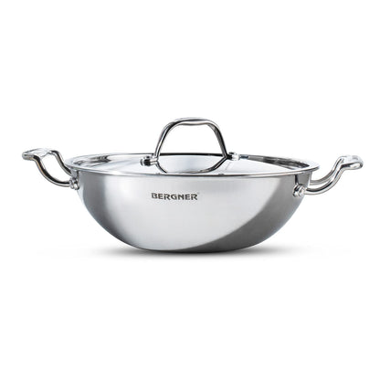 Bergner Argent TriPly Stainless Steel  Kadai with Stainless Steel Lid, Kadhai/Karai with Lid, Food Safe, Stay Cool Cast Handles, Dishwasher Safe, Induction and Gas Ready