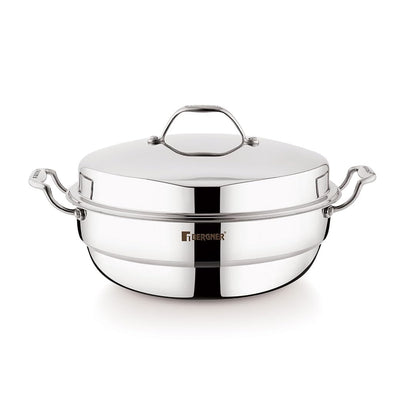 Bergner Argent Triply 28 cm Multi-Kadai, 6.1 L, Stainless Steel Lid & 6X Plate, for Appam/Idli/Modak/Sundal/Momo/, Cool Handles, Induction & Gas Ready, 5-Year Warranty by Bergner