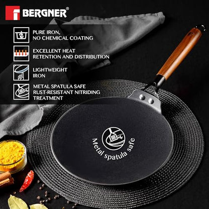 BERGNER Odin 26 cm Cast Iron Roti Tawa - Wooden Handle, Enamel Finish, Induction & Gas Compatible