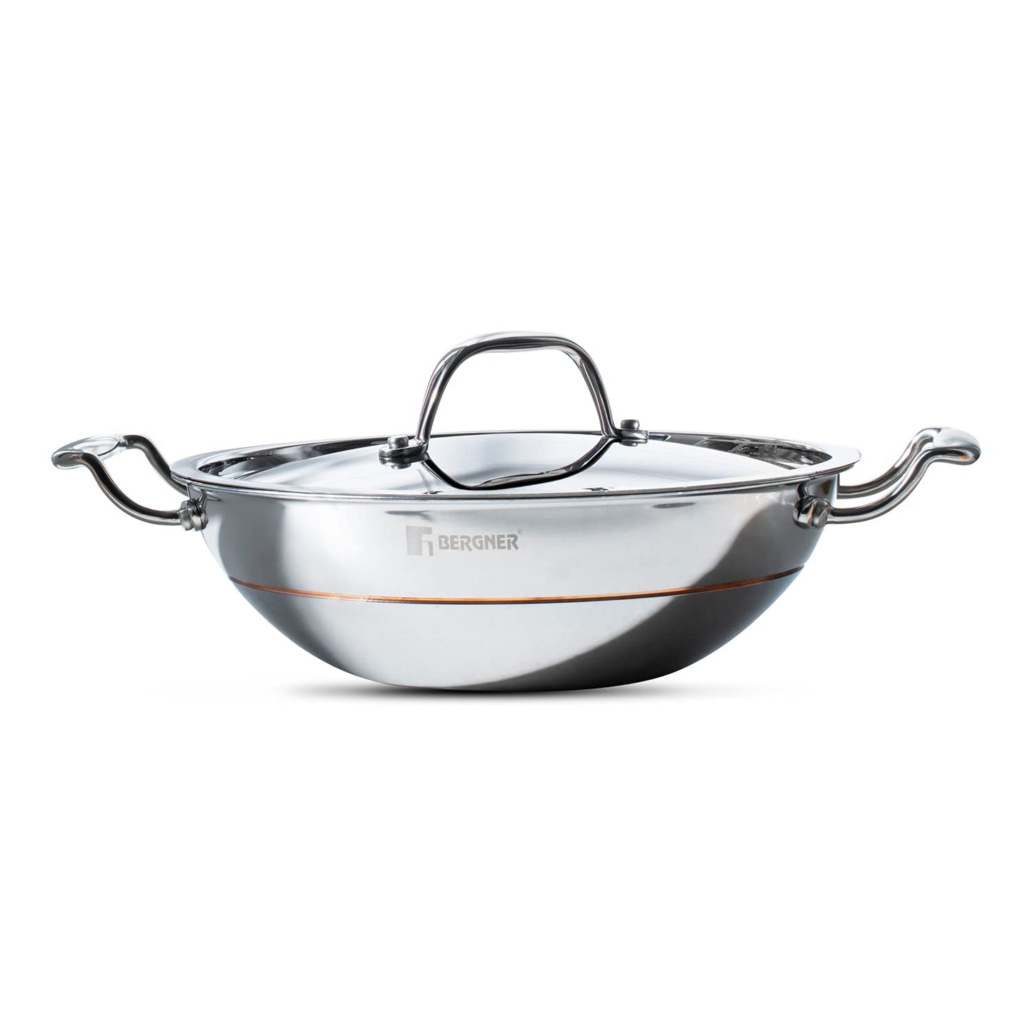 Bergner Argent 5CX 5 Ply Stainless Steel Kadhai with Stainless Steel Lid (28 cm, 3.9 Liters, Silver)