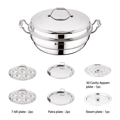 Bergner Argent Triply 28 cm Multi-Kadai, 6.1 L, Stainless Steel Lid & 6X Plate, for Appam/Idli/Modak/Sundal/Momo/, Cool Handles, Induction & Gas Ready, 5-Year Warranty by Bergner