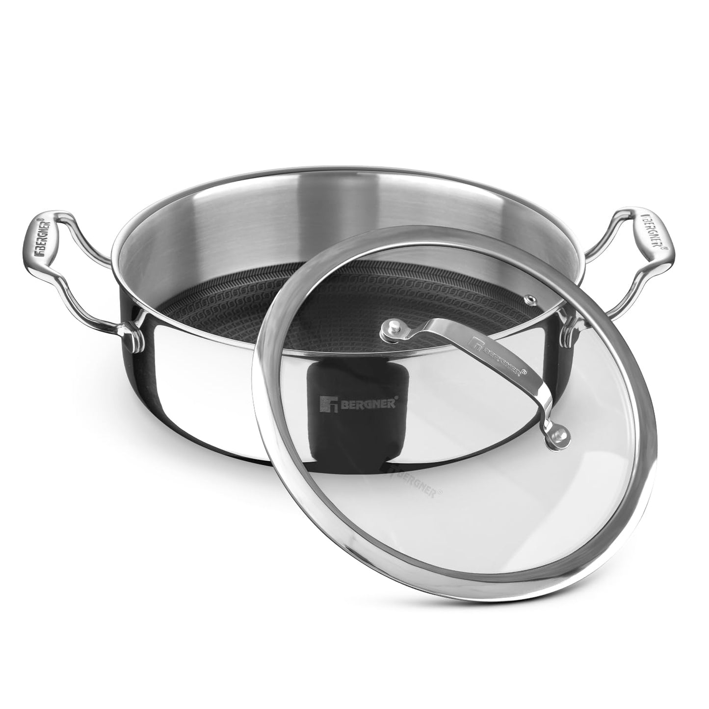 Bergner Hitech Triply Non-Stick Serving Pan with Flat Glass Lid, Non-Stick Mesh Pattern Inside, Metal Spatula Friendly, Even Heat Distribution...