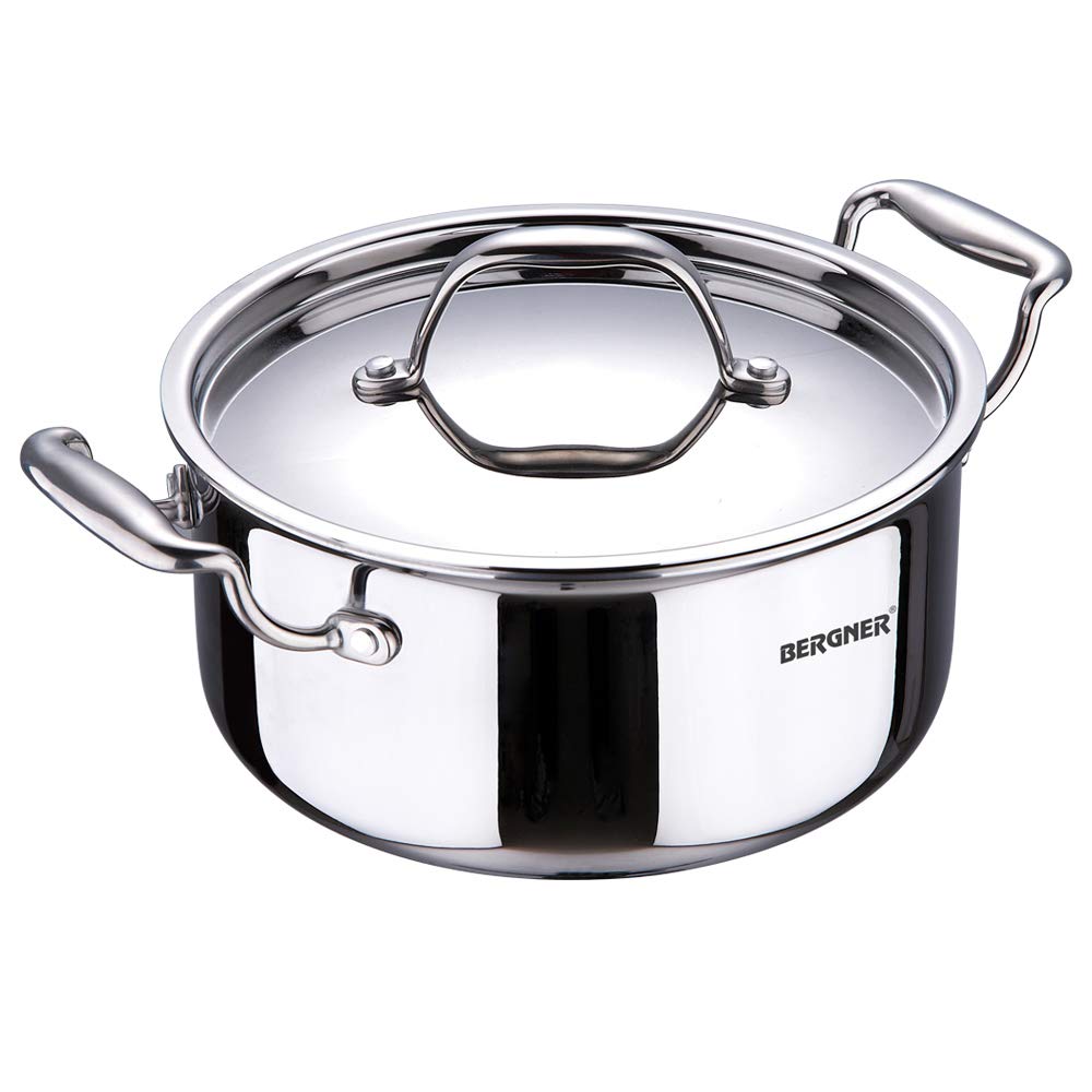 Bergner Argent TriPly Stainless Steel  Casserole with Stainless Steel Lid, Casserole, Stay Cool Cast Handle, Food Safe, Durable, Dishwasher Safe, Induction and Gas Ready, 5-Year Warranty