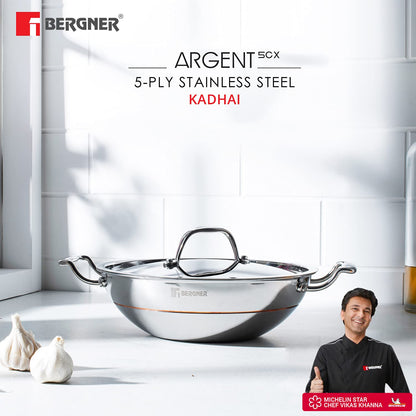 Bergner Argent 5CX 5 Ply Stainless Steel Kadhai with Stainless Steel Lid (28 cm, 3.9 Liters, Silver)