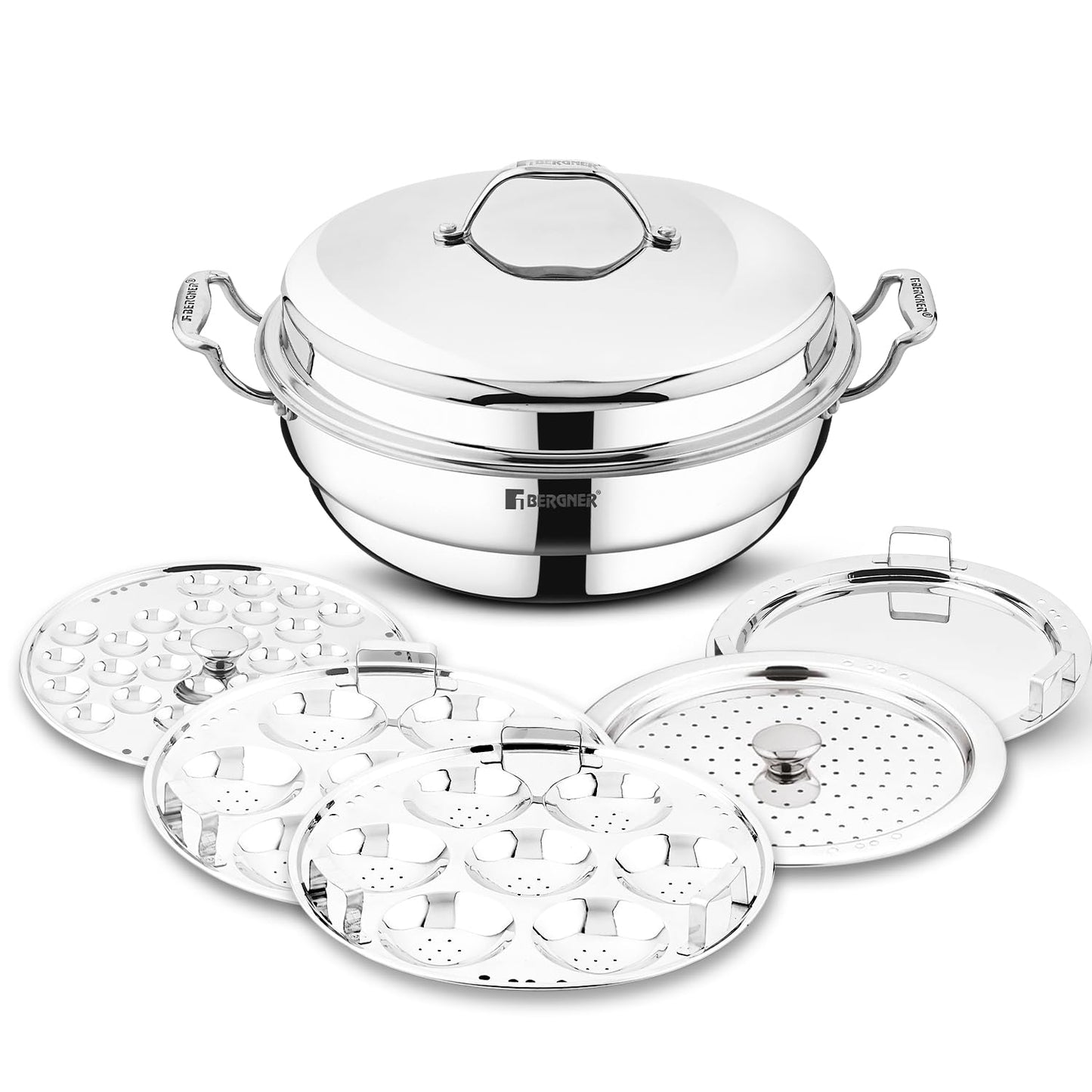 Bergner Argent Triply 28 cm Multi-Kadai, 6.1 L, Stainless Steel Lid & 6X Plate, for Appam/Idli/Modak/Sundal/Momo/, Cool Handles, Induction & Gas Ready, 5-Year Warranty by Bergner