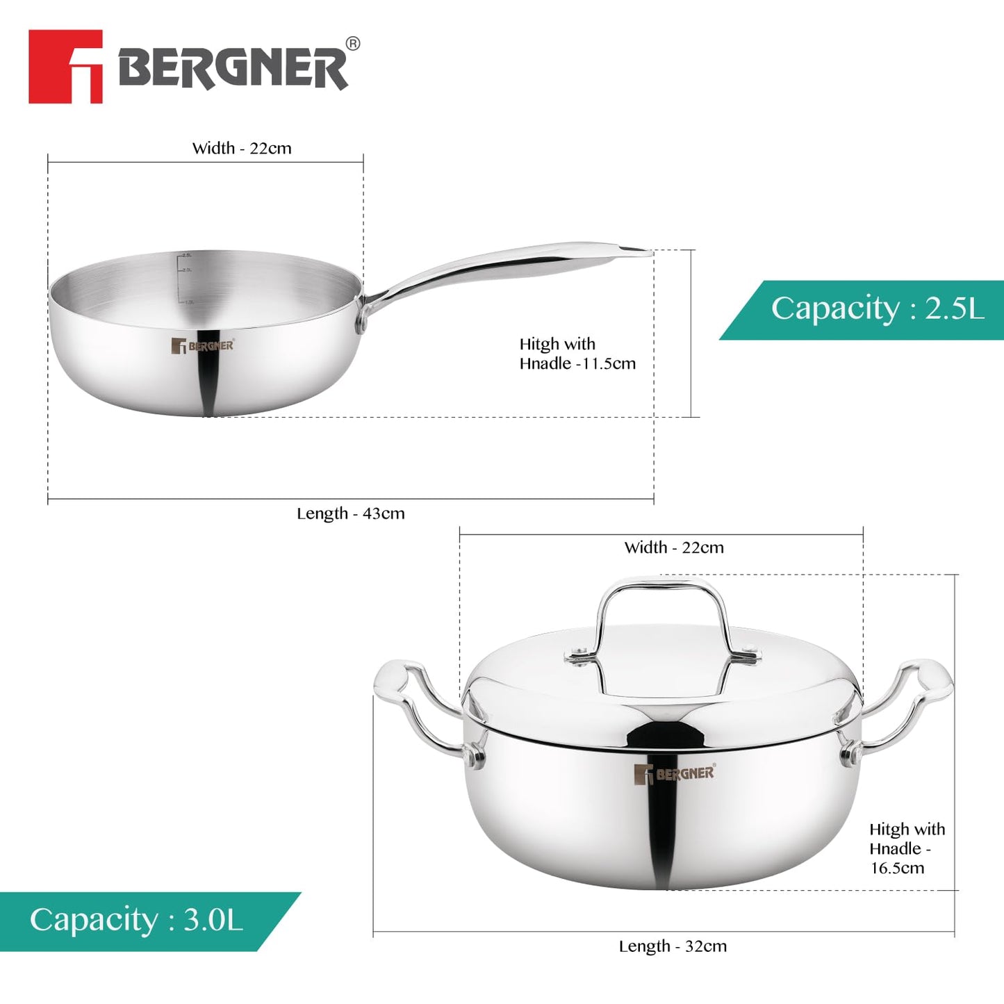 BERGNER ARGENT FRY PAN AND CASSROLE SET ( 3 PC SET INCUDING LID)