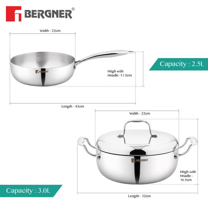 BERGNER ARGENT FRY PAN AND CASSROLE SET ( 3 PC SET INCUDING LID)