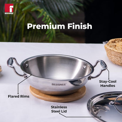 Bergner Argent TriPly Stainless Steel  Kadai with Stainless Steel Lid, Kadhai/Karai with Lid, Food Safe, Stay Cool Cast Handles, Dishwasher Safe, Induction and Gas Ready