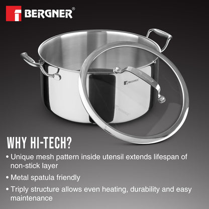 Bergner Hitech Triply Non-Stick Casserole with Flat Glass Lid, Non-Stick Mesh Pattern Inside, Rivetless Handles, Metal Spatula Friendly, Induction Bottom and Gas Stove Ready