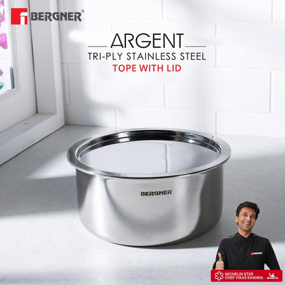 Bergner Argent TriPly Stainless Steel  Tope with Stainless Steel Lid,Topia/Patila with Stainless Steel Lid, Food Safe, Durable, Dishwasher Safe, Induction and Gas Ready, 5-Year Warranty