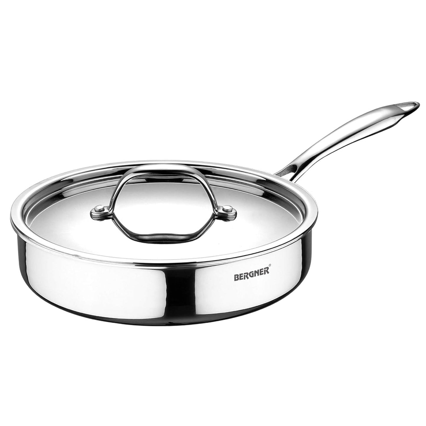 BERGNER Argent TriPly Stainless Steel Sautepan with Stainless Steel Lid, 3.1 L Saute Pan, Stay Cool Cast Handle, Food Safe, Durable, Dishwasher Safe, Induction and Gas Ready