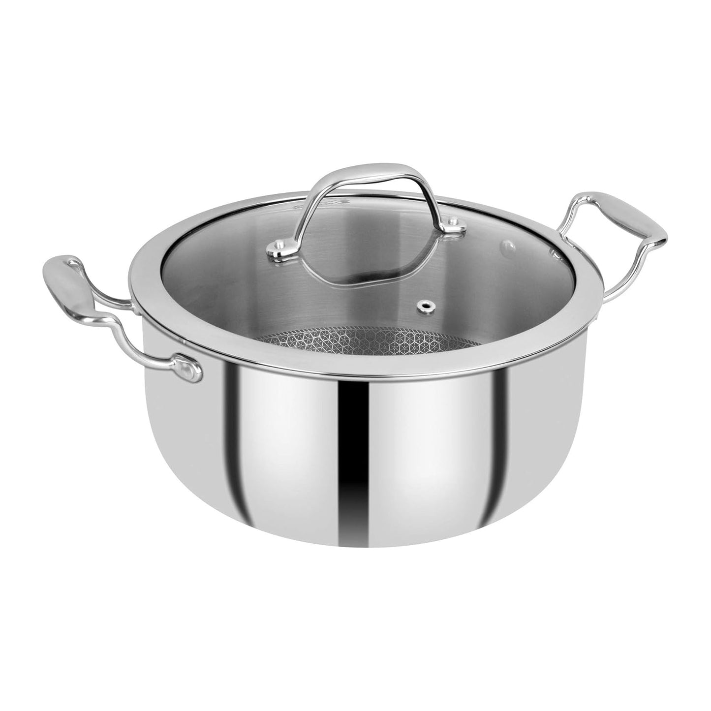 Bergner Hitech Triply Non-Stick Casserole with Flat Glass Lid, Non-Stick Mesh Pattern Inside, Rivetless Handles, Metal Spatula Friendly, Induction Bottom and Gas Stove Ready