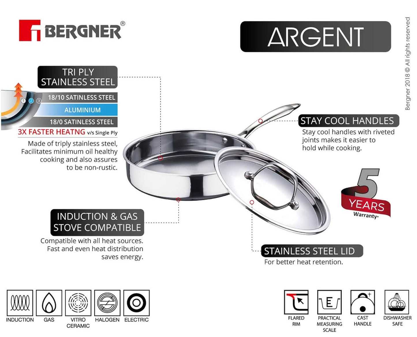 BERGNER Argent TriPly Stainless Steel Sautepan with Stainless Steel Lid, 3.1 L Saute Pan, Stay Cool Cast Handle, Food Safe, Durable, Dishwasher Safe, Induction and Gas Ready