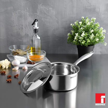 Bergner Argent TriPly Stainless Steel  Saucepan with Stainless Steel Lid, 2.2 LTR Sauce Pan, Stay Cool Cast Handle, Food Safe, Durable, Dishwasher Safe, Induction and Gas Ready