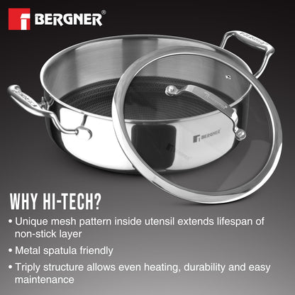 Bergner Hitech Triply Non-Stick Serving Pan with Flat Glass Lid, Non-Stick Mesh Pattern Inside, Metal Spatula Friendly, Even Heat Distribution...