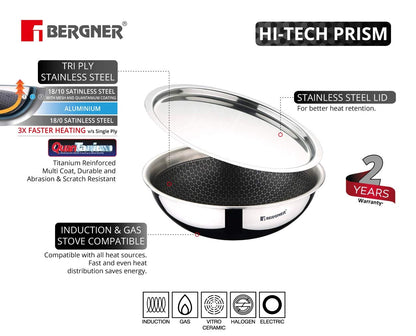 BERGNER Hitech Triply Stainless Steel Scratch Resistant Non Stick Tasra/Tasla With SS Induction Base, Food Safe (PFOA Free)Silver