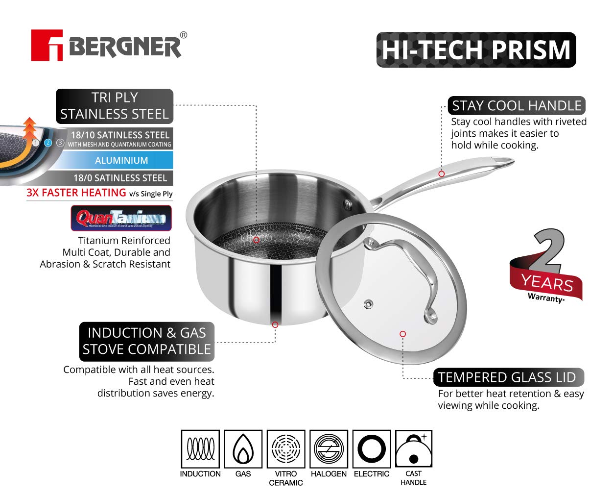 Bergner Hitech Triply Non-Stick 16cm Saucepan, 1.6 L Saucepan with Non-Stick Mesh Pattern Inside, Rivetless Handle, Metal Spatula Friendly, Even Heat Distribution, Induction Bottom and Gas Stove Ready