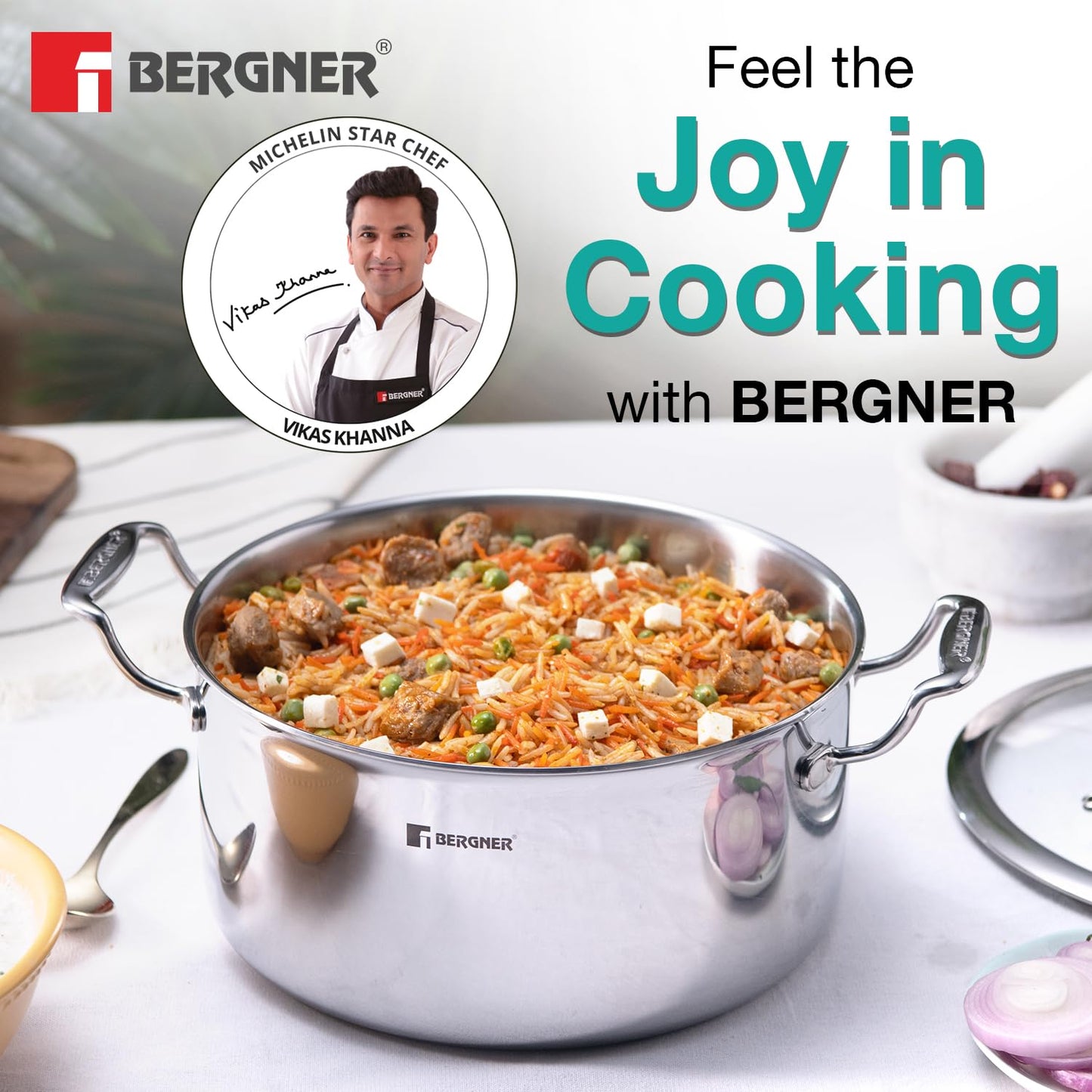 Bergner Hitech Triply Non-Stick Casserole with Flat Glass Lid, Non-Stick Mesh Pattern Inside, Rivetless Handles, Metal Spatula Friendly, Induction Bottom and Gas Stove Ready