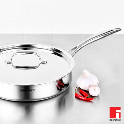 BERGNER Argent TriPly Stainless Steel Sautepan with Stainless Steel Lid, 3.1 L Saute Pan, Stay Cool Cast Handle, Food Safe, Durable, Dishwasher Safe, Induction and Gas Ready