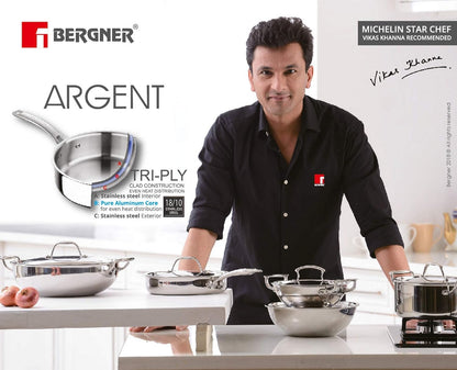 Bergner Argent TriPly Stainless Steel  Saucepan with Stainless Steel Lid, 2.2 LTR Sauce Pan, Stay Cool Cast Handle, Food Safe, Durable, Dishwasher Safe, Induction and Gas Ready