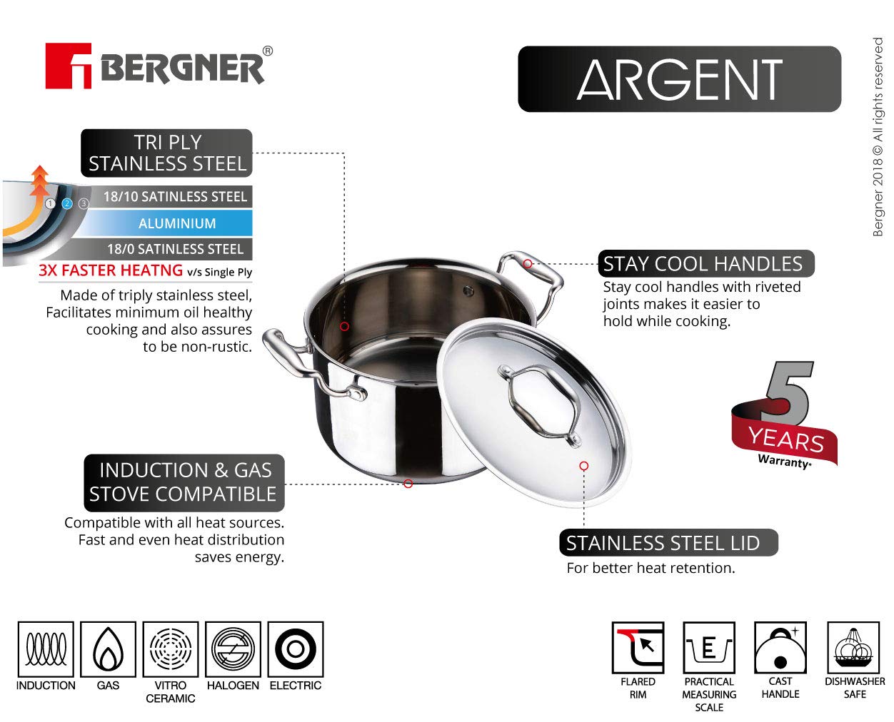 Bergner Argent TriPly Stainless Steel  Casserole with Stainless Steel Lid, Casserole, Stay Cool Cast Handle, Food Safe, Durable, Dishwasher Safe, Induction and Gas Ready, 5-Year Warranty