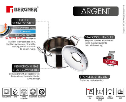 Bergner Argent TriPly Stainless Steel  Casserole with Stainless Steel Lid, Casserole, Stay Cool Cast Handle, Food Safe, Durable, Dishwasher Safe, Induction and Gas Ready, 5-Year Warranty