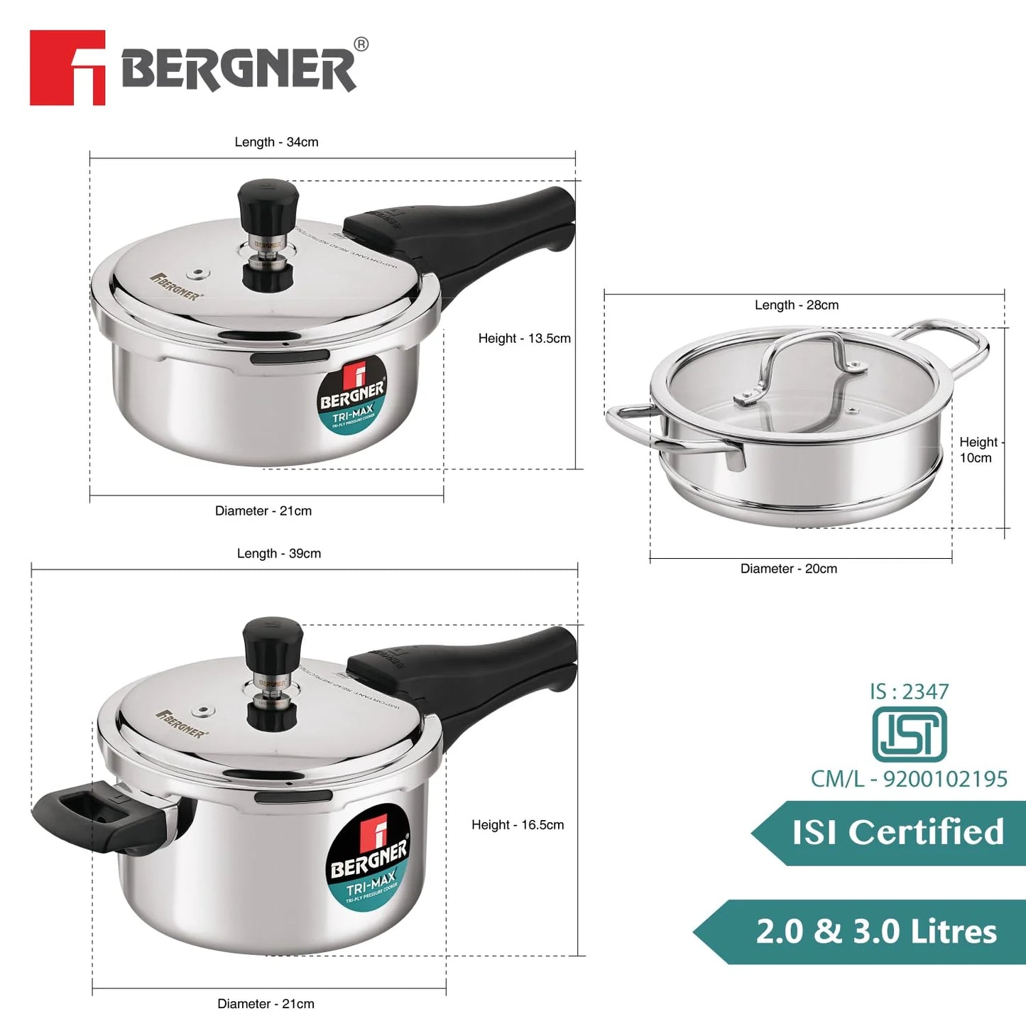 Bergner Tri-Max TriPly Multi Combo of 3L TriPly Pressure Cooker + 2L Pressuer Pan with Common Lid and 18cm Steamer with Flat Glass Lid, Durable, Ergonomic Handle, Induction Bottom and Gas Stove Ready