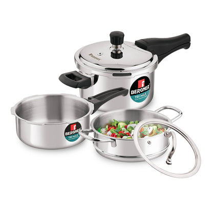 Bergner Tri-Max TriPly Multi Combo of 5L TriPly Pressure Cooker + 3L Pressuer Pan with Common Lid and 20cm Steamer with Flat Glass Lid, Durable