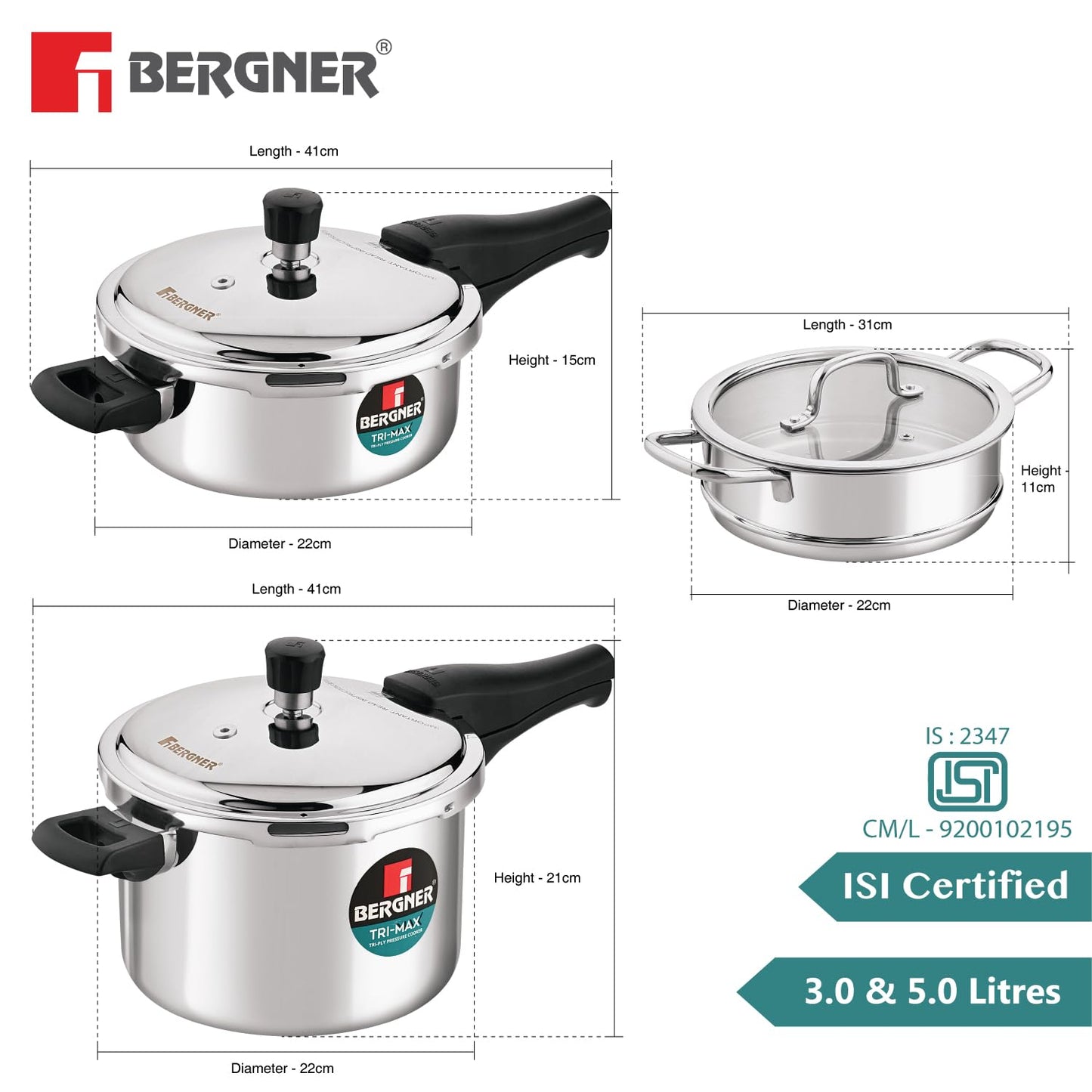 Bergner Tri-Max TriPly Multi Combo of 5L TriPly Pressure Cooker + 3L Pressuer Pan with Common Lid and 20cm Steamer with Flat Glass Lid, Durable