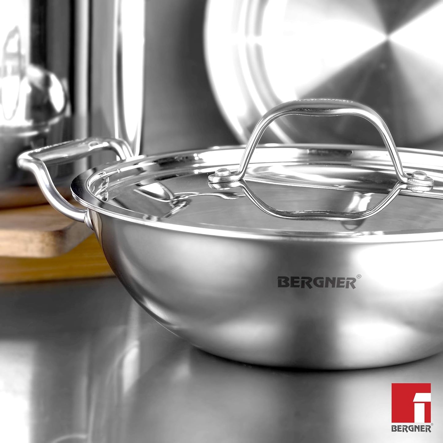 Bergner Argent TriPly Stainless Steel  Kadai with Stainless Steel Lid, Kadhai/Karai with Lid, Food Safe, Stay Cool Cast Handles, Dishwasher Safe, Induction and Gas Ready