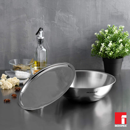 BERGNER Argent TriPly Stainless Steel  Tasra with Stainless Steel Lid,  Tasla with Lid, Food Safe, Flared Rim, Durable, Dishwasher Safe, Induction Bottom and Gas Ready