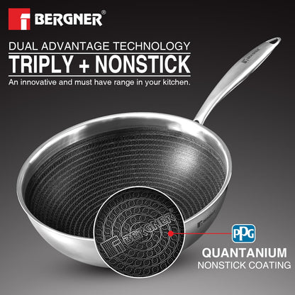 Bergner Hitech Triply Non-Stick 28 cm Wok with Glass Lid, 4.5 L Capacity Wok with Non-Stick Mesh Pattern Inside, Rivetless Handles, Metal Spatula Friendly, Induction Bottom and Gas Stove Ready