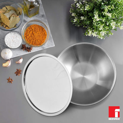 BERGNER Argent TriPly Stainless Steel  Tasra with Stainless Steel Lid,  Tasla with Lid, Food Safe, Flared Rim, Durable, Dishwasher Safe, Induction Bottom and Gas Ready