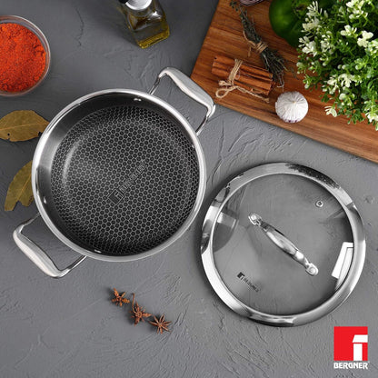 Bergner Hitech Triply Non-Stick Casserole with Flat Glass Lid, Non-Stick Mesh Pattern Inside, Rivetless Handles, Metal Spatula Friendly, Induction Bottom and Gas Stove Ready