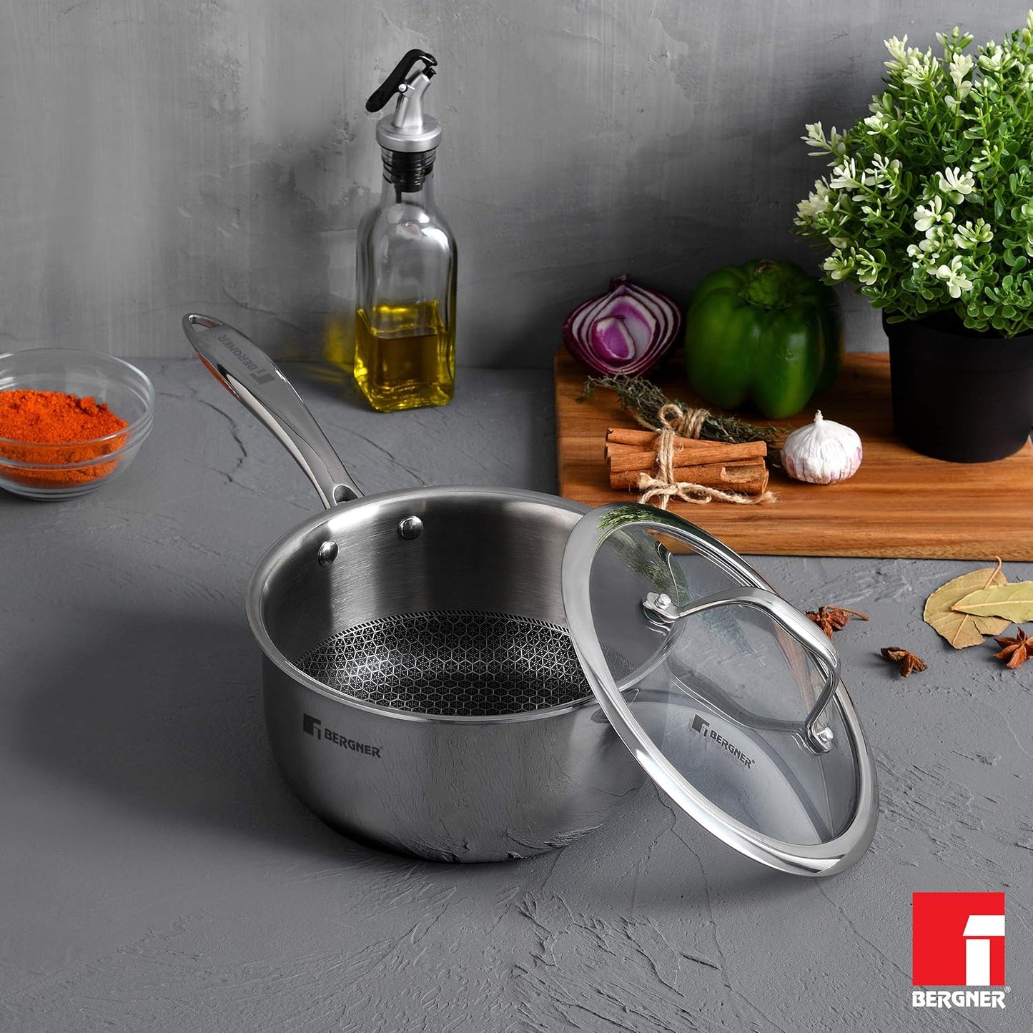 Bergner Hitech Triply Non-Stick 16cm Saucepan, 1.6 L Saucepan with Non-Stick Mesh Pattern Inside, Rivetless Handle, Metal Spatula Friendly, Even Heat Distribution, Induction Bottom and Gas Stove Ready