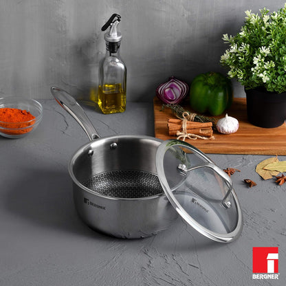 Bergner Hitech Triply Non-Stick 16cm Saucepan, 1.6 L Saucepan with Non-Stick Mesh Pattern Inside, Rivetless Handle, Metal Spatula Friendly, Even Heat Distribution, Induction Bottom and Gas Stove Ready