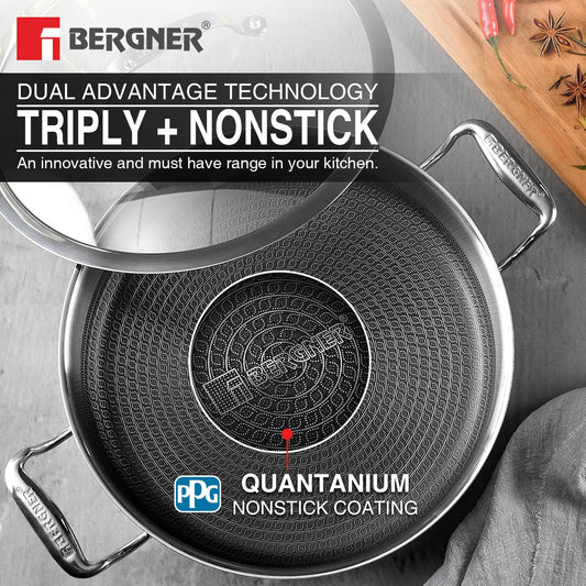 Bergner Hitech Triply Non-Stick Serving Pan with Flat Glass Lid, Non-Stick Mesh Pattern Inside, Metal Spatula Friendly, Even Heat Distribution...