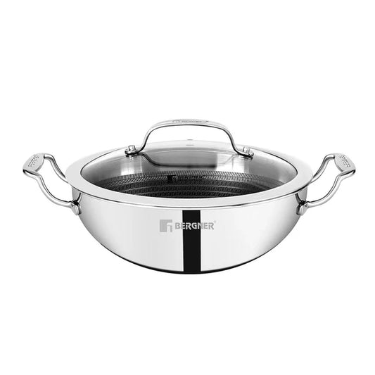 Bergner Hitech TriPly Stainless Steel Kadai/Indian Wok with and Glass Lid, Kadhai with Non Stick Prism Technology, Induction Bottom and Gas Ready, Metal Spatula Friendly